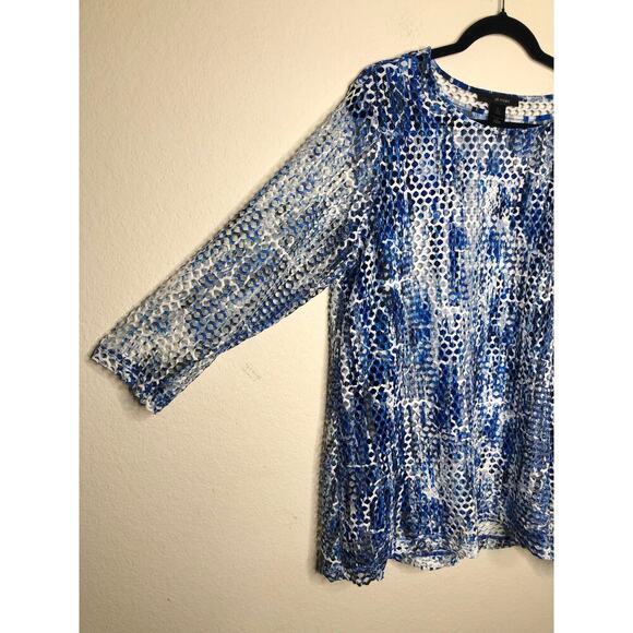 Ali Miles Blue White Abstract Mesh Overlay Tunic Top XL Beach Resort Wear Travel - Picture 11 of 16